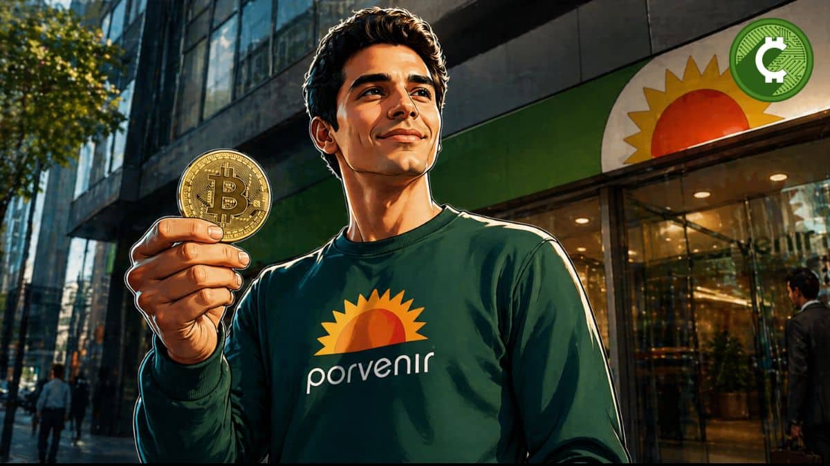 Persona con logo de Porvenir sosteniendo bitcoin frente a sede de la AFP en Colombia