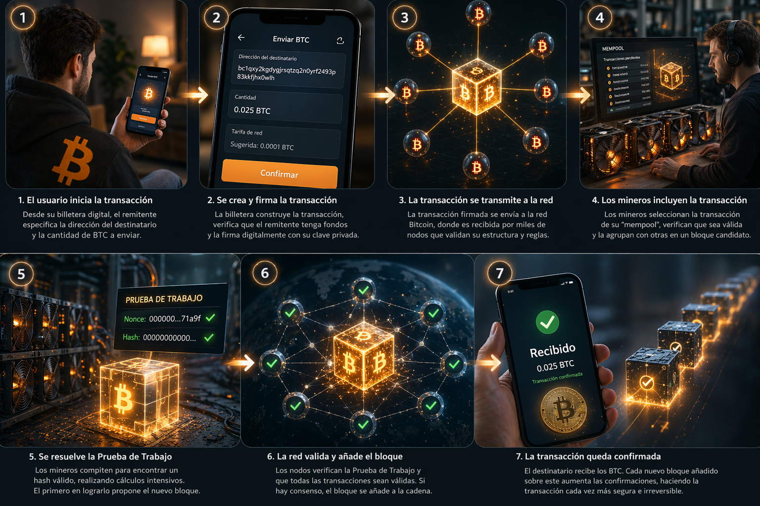 Proceso de una transacción de Bitcoin paso a paso, desde el envío hasta la confirmación en la blockchain con validación de nodos y mineros