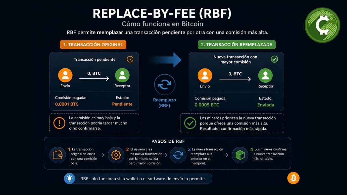explicación del método Replace-By-Fee RBF en Bitcoin para acelerar una transacción pendiente con mayor comisión
