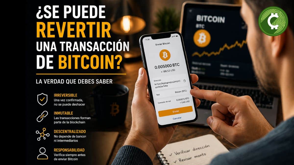 usuario realizando una transacción Bitcoin desde su celular sin posibilidad de revertir la operación en la blockchain