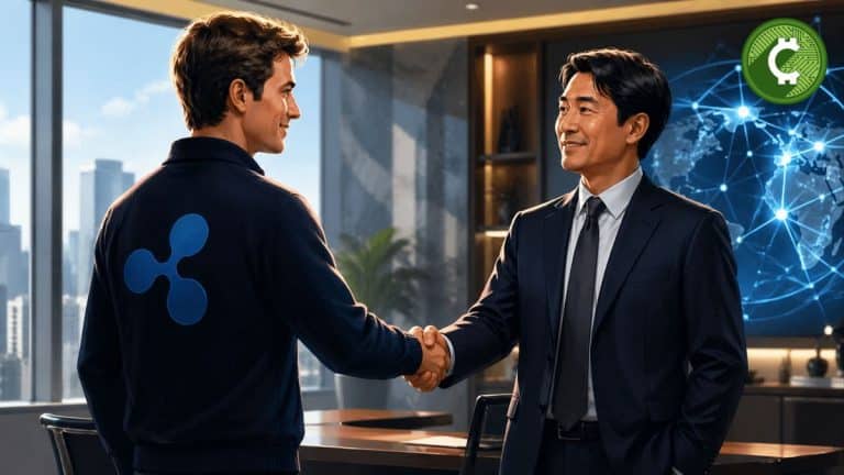 Ejecutivo con suéter de Ripple estrecha la mano con empresario en oficina, simbolizando alianza con KBank para remesas onchain