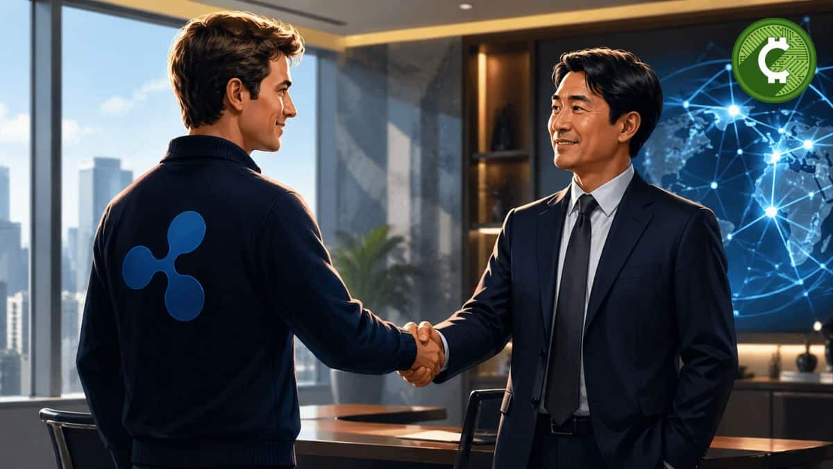 Ejecutivo con suéter de Ripple estrecha la mano con empresario en oficina, simbolizando alianza con KBank para remesas onchain