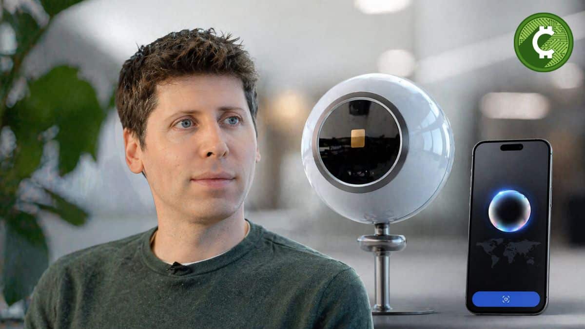 Sam Altman junto a dispositivo biométrico de World ID y app de identidad digital en smartphone