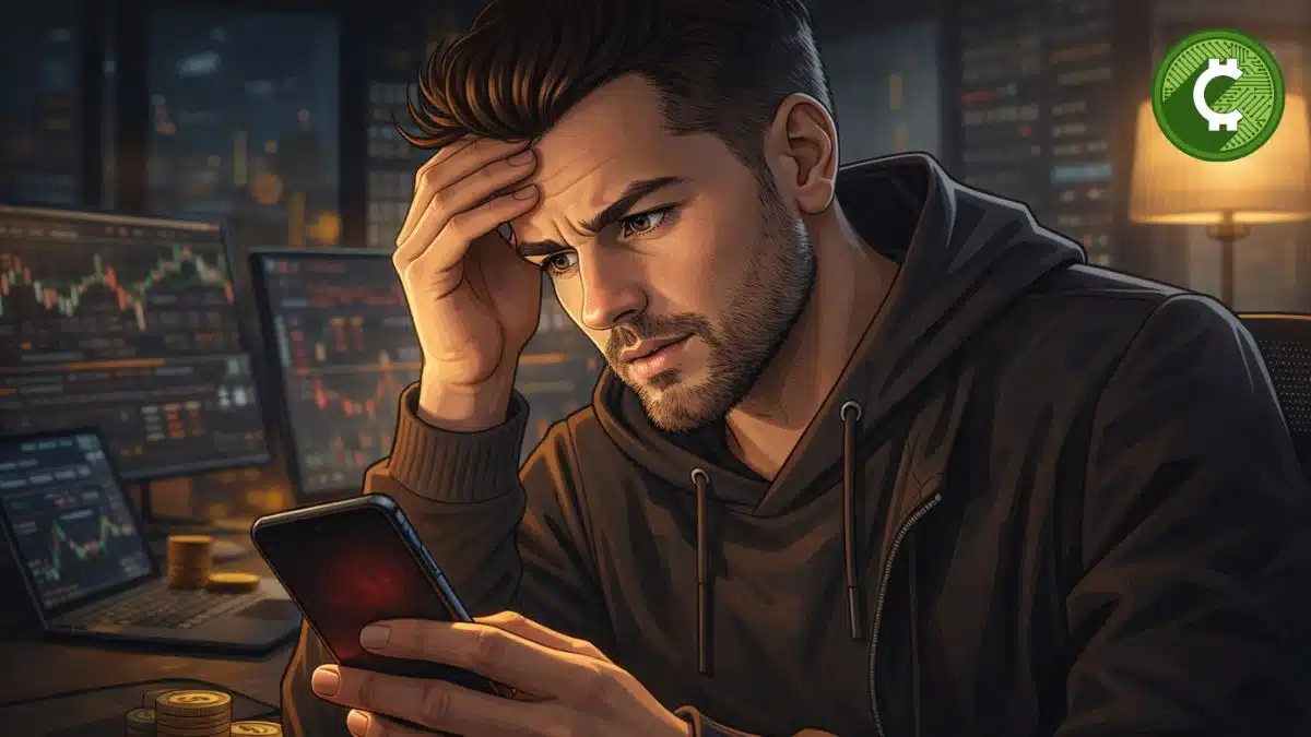 usuario preocupado mirando su celular por una transacción Bitcoin pendiente en la red