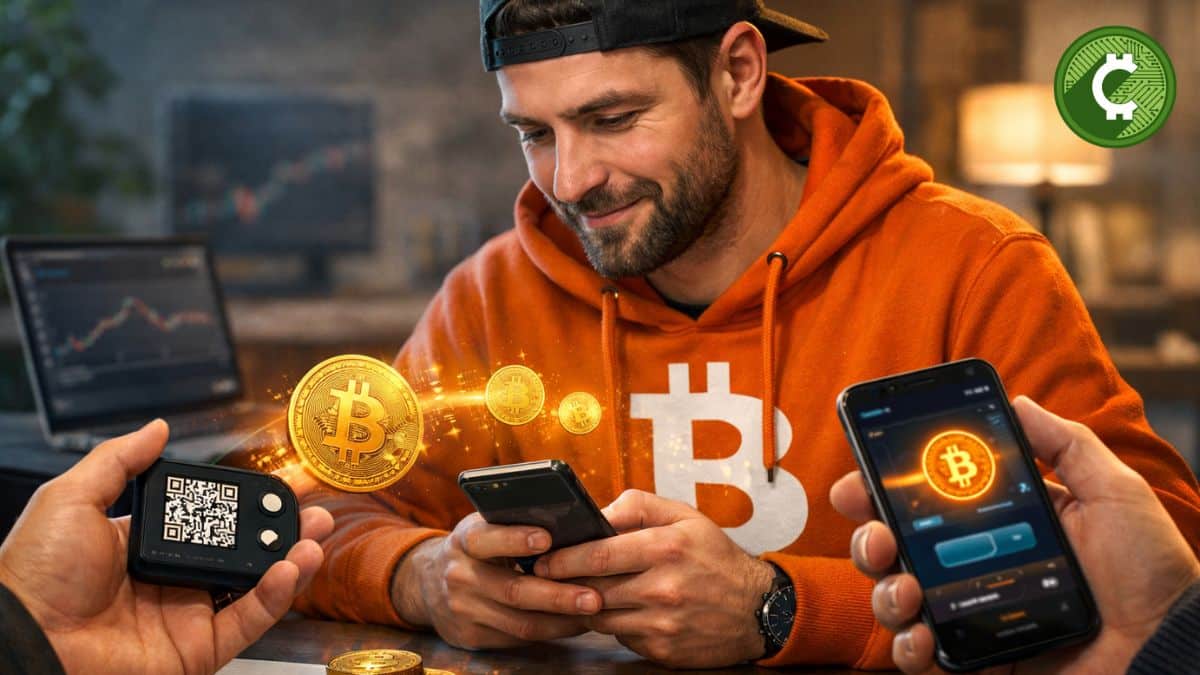 Persona realizando una transacción de Bitcoin desde una billetera móvil con logo de Bitcoin, representación realista del envío de BTC en 2026