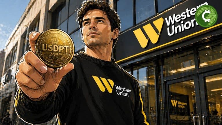Persona sosteniendo moneda USDPT frente a sede de Western Union representando su stablecoin global