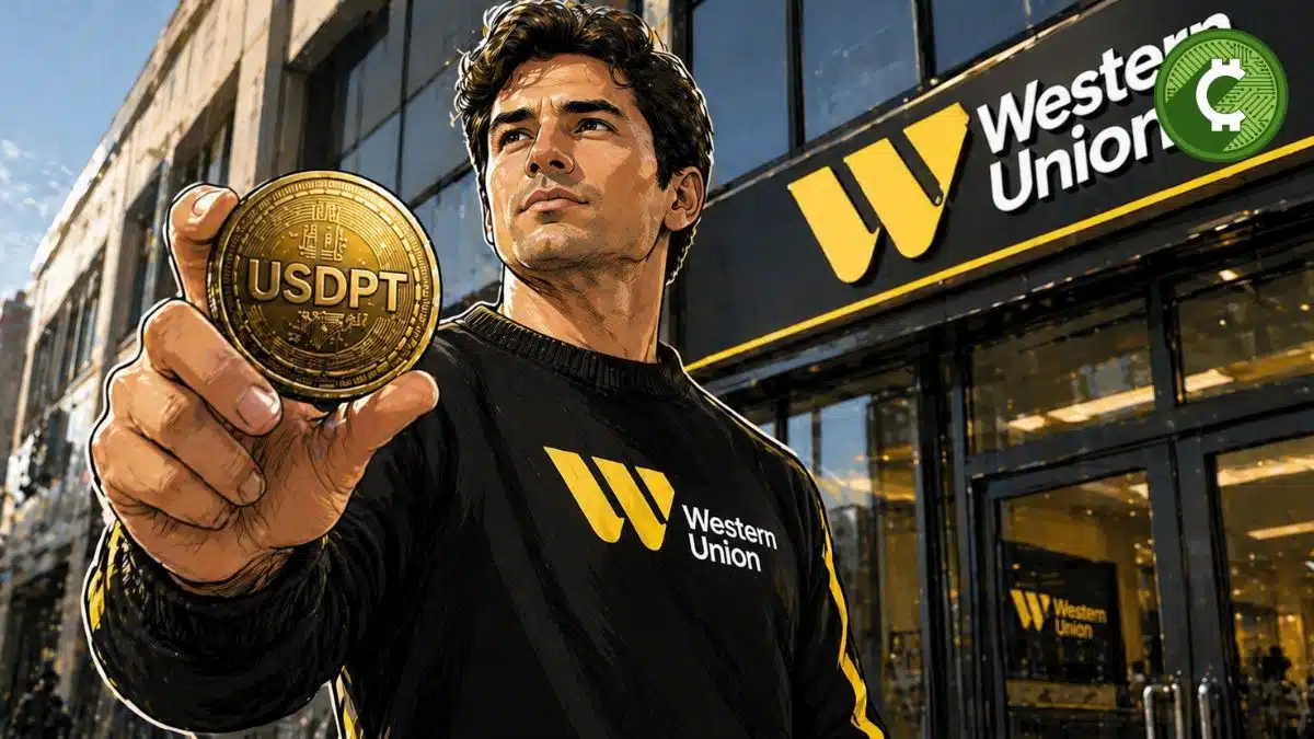 Persona sosteniendo moneda USDPT frente a sede de Western Union representando su stablecoin global