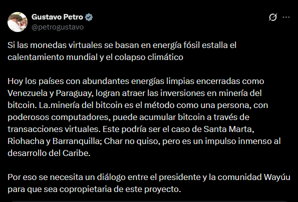 Publicación de Gustavo Petro en X sobre minería de bitcoin con energía renovable en Santa Marta, Riohacha y Barranquilla