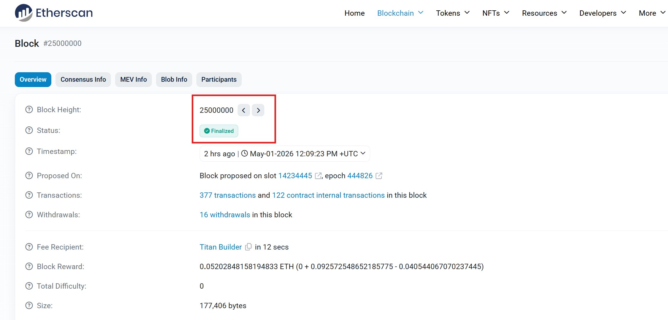 Captura de Etherscan mostrando el bloque 25,000,000 de Ethereum validado en la red blockchain