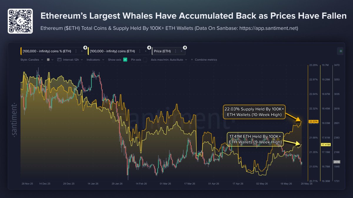 Gráfico de Santiment que muestra el aumento de la acumulación de Ethereum por parte de billeteras con más de 100.000 ETH y su participación en el suministro circulante.