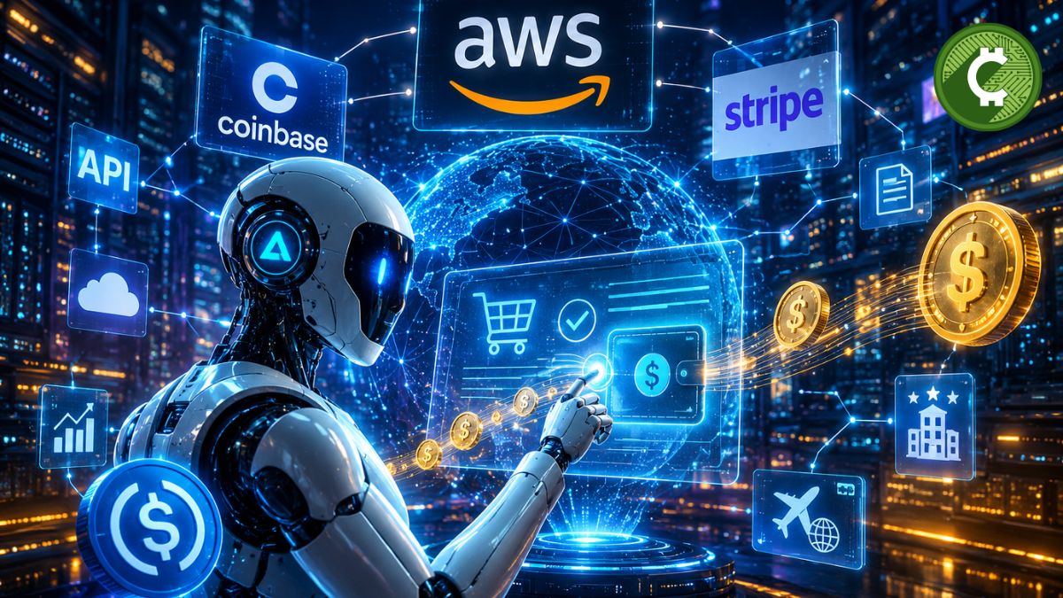 Agente de inteligencia artificial realizando pagos con stablecoins mediante AWS, Coinbase y Stripe en una economía digital autónoma
