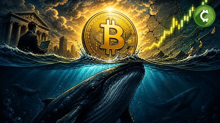 Bitcoin subiendo mientras una ballena emerge debajo, reflejando la actividad de grandes inversores y la tensión del mercado cripto