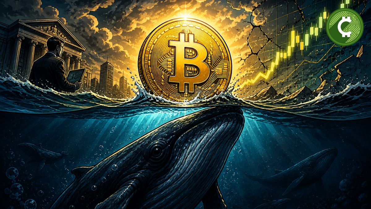 Bitcoin subiendo mientras una ballena emerge debajo, reflejando la actividad de grandes inversores y la tensión del mercado cripto