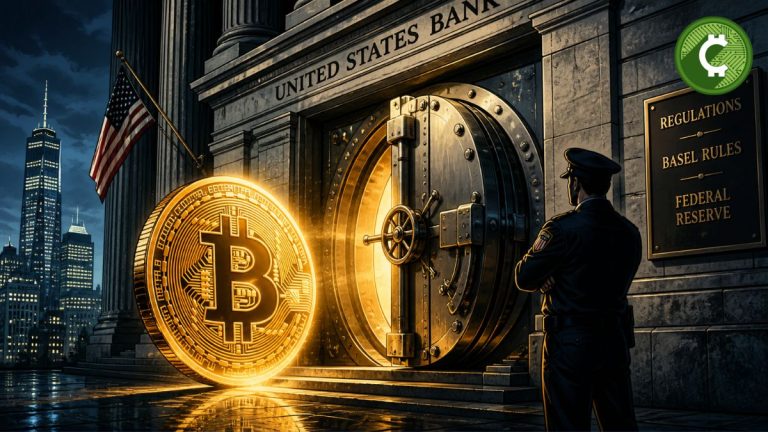 Bitcoin frente a la bóveda de un banco simbolizando la adopción bancaria y las barreras regulatorias en EE.UU.