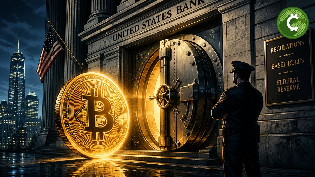 Bitcoin frente a la bóveda de un banco simbolizando la adopción bancaria y las barreras regulatorias en EE.UU.