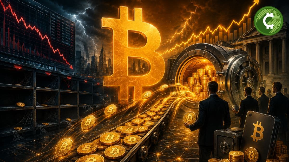 Ilustración de Bitcoin siendo acumulado por grandes inversores institucionales mientras disminuye la oferta líquida de BTC en exchanges.