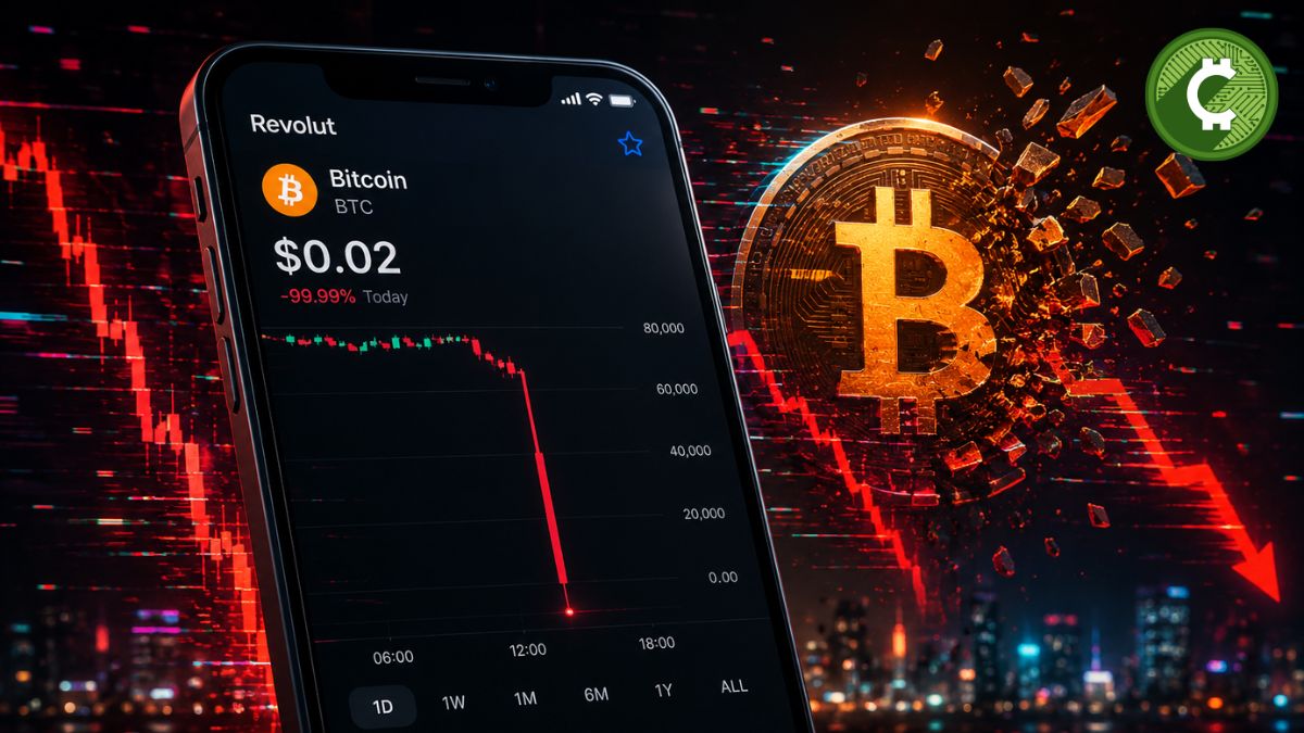 Bitcoin mostrando un precio de 2 centavos en la app de Revolut durante un aparente fallo de mercado