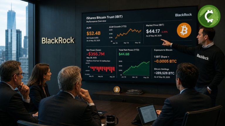 Ejecutivos de BlackRock observan estadísticas del ETF de Bitcoin IBIT durante una presentación interna tras una venta masiva de 1.260 millones de dólares.