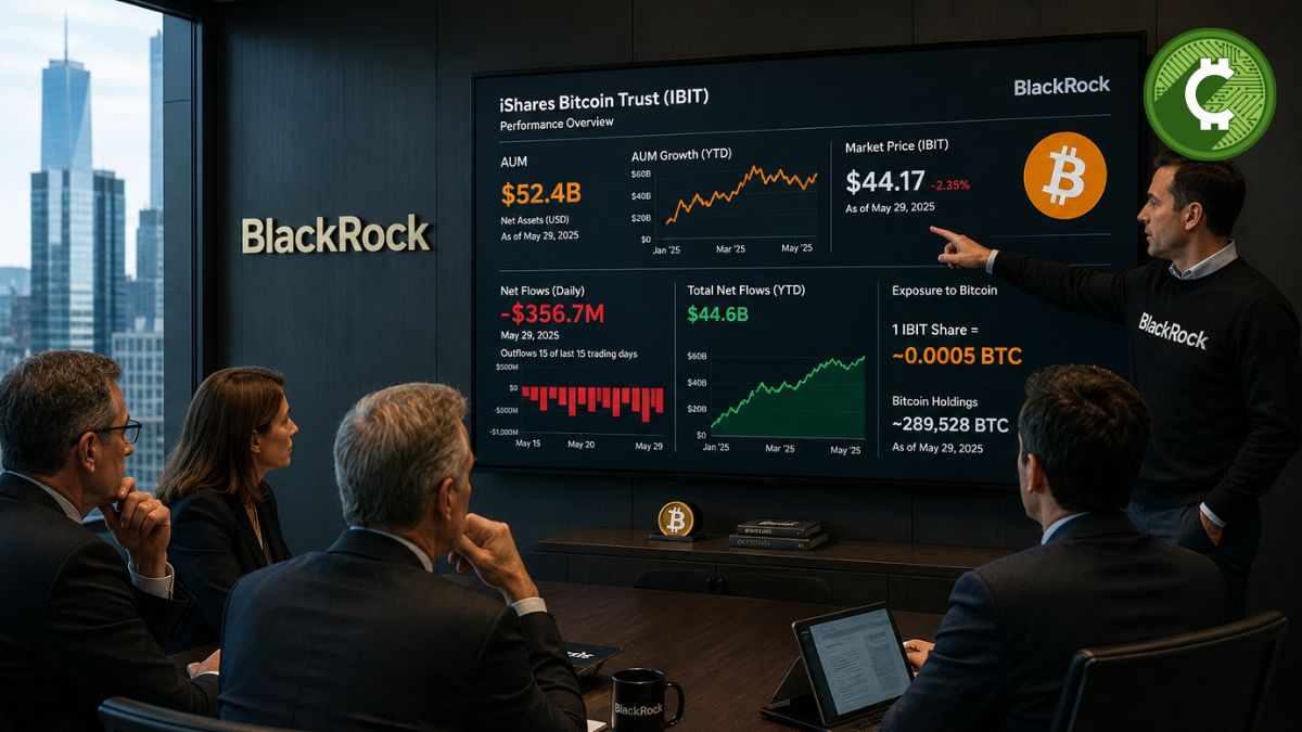 Ejecutivos de BlackRock observan estadísticas del ETF de Bitcoin IBIT durante una presentación interna tras una venta masiva de 1.260 millones de dólares.