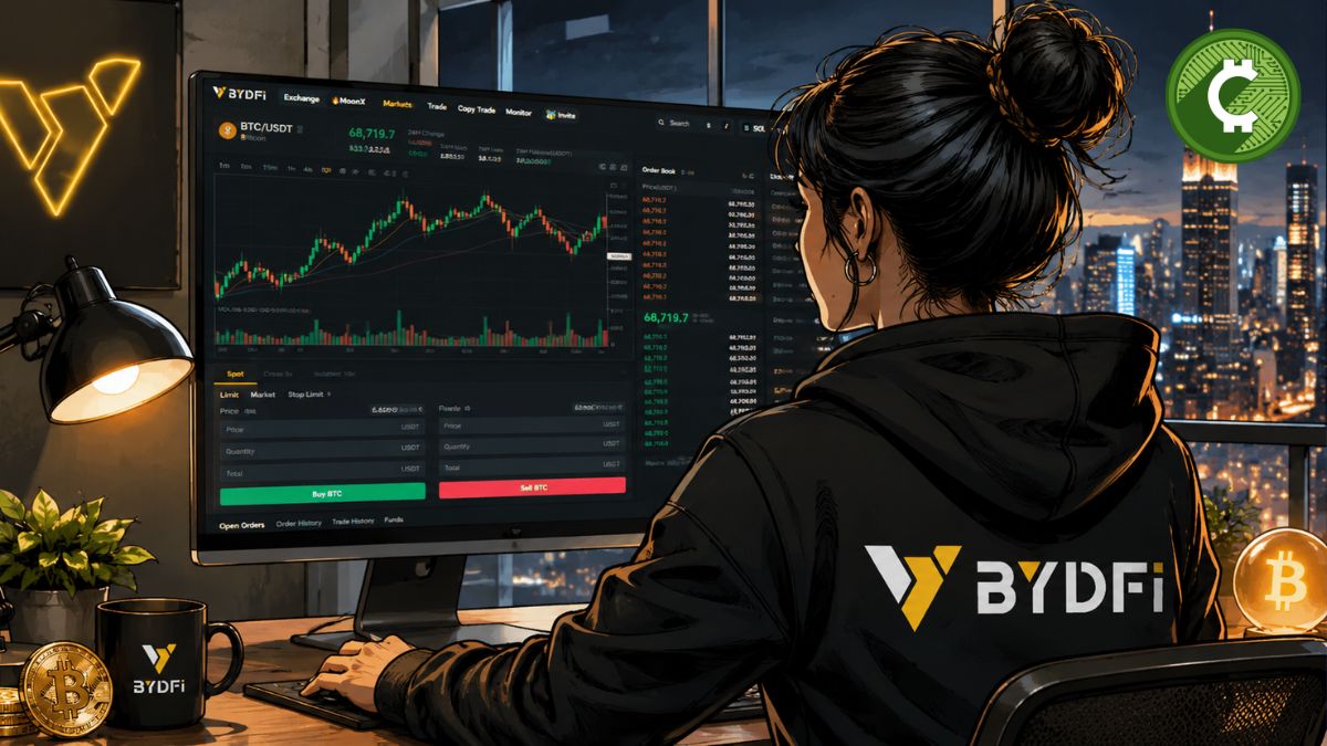Trader de criptomonedas usando BYDFi y MoonX para operar memecoins y analizar gráficos de trading en tiempo real.