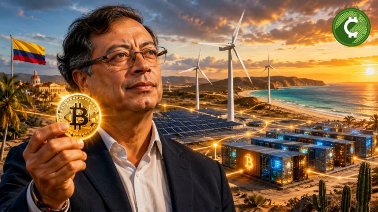 Gustavo Petro sostiene una moneda de Bitcoin frente a parques eólicos y centros de minería en la costa Caribe de Colombia