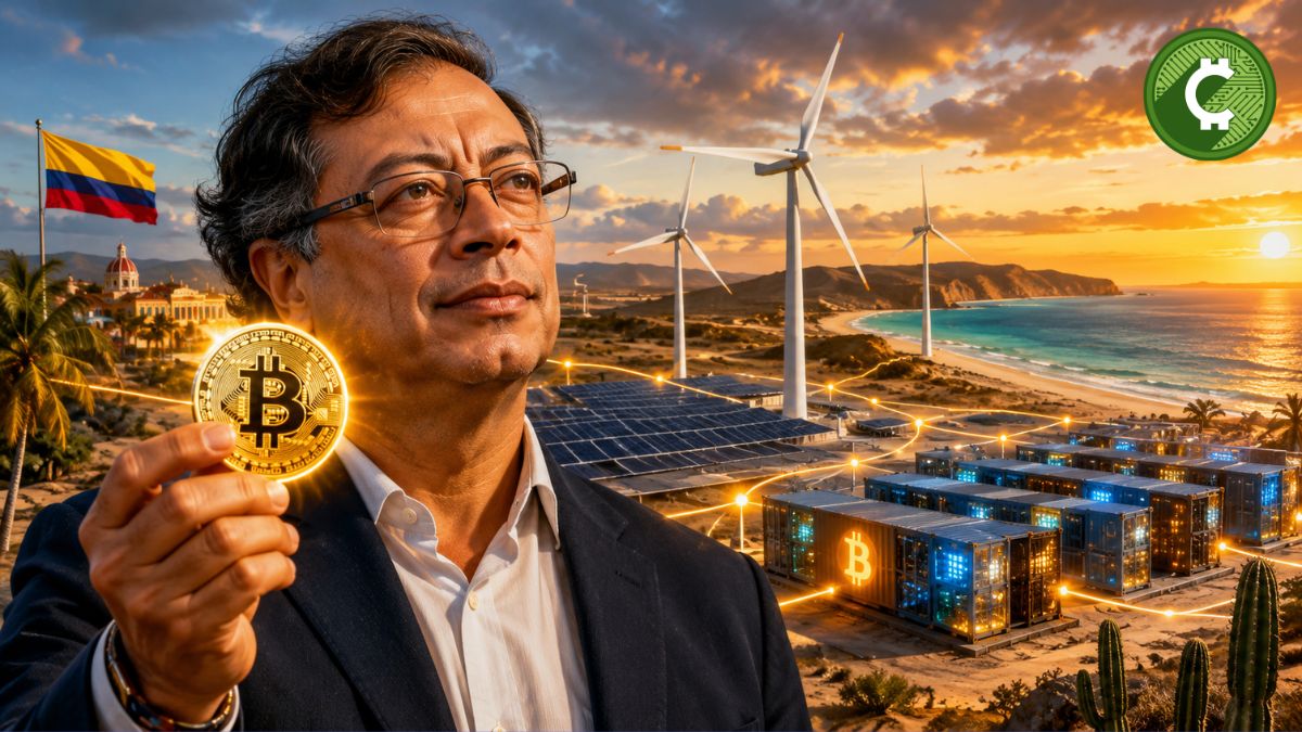 Gustavo Petro sostiene una moneda de Bitcoin frente a parques eólicos y centros de minería en la costa Caribe de Colombia