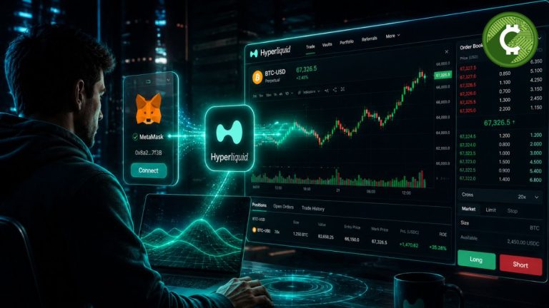 Trader conectando MetaMask a Hyperliquid desde una interfaz futurista de trading descentralizado