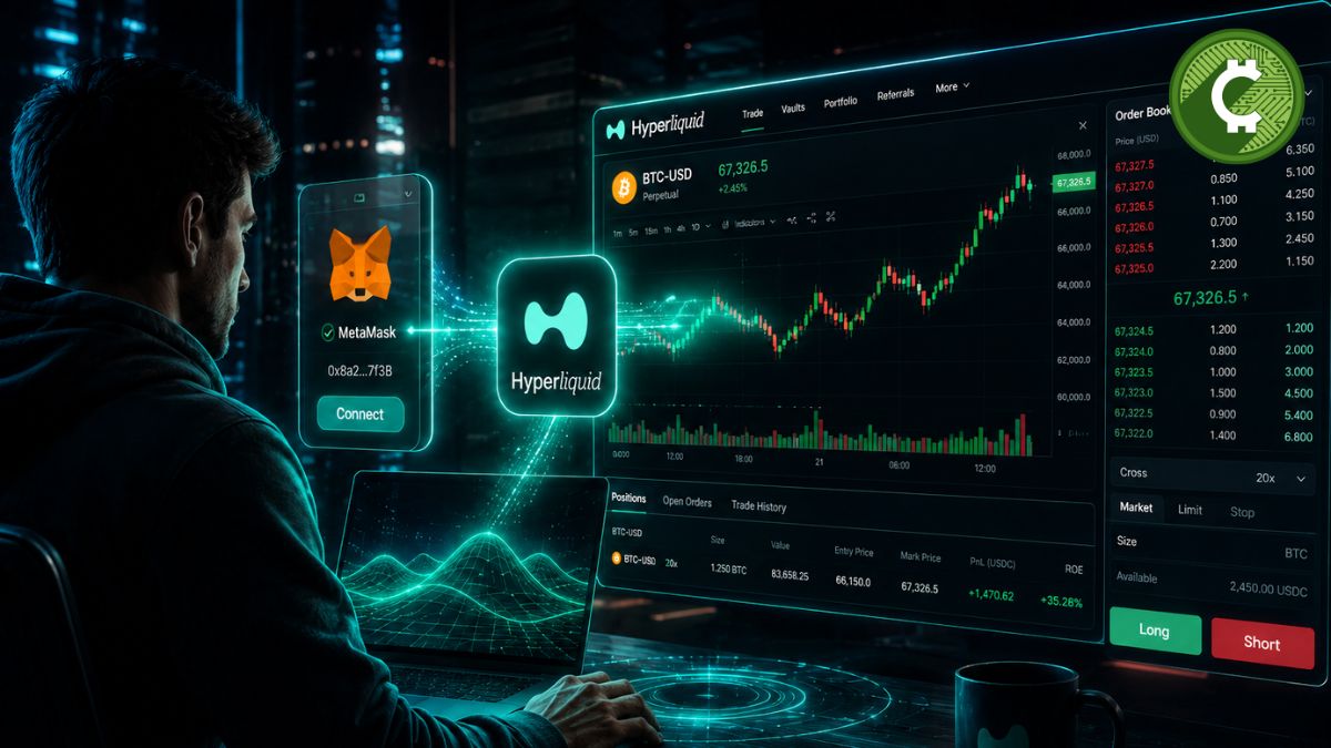 Trader conectando MetaMask a Hyperliquid desde una interfaz futurista de trading descentralizado