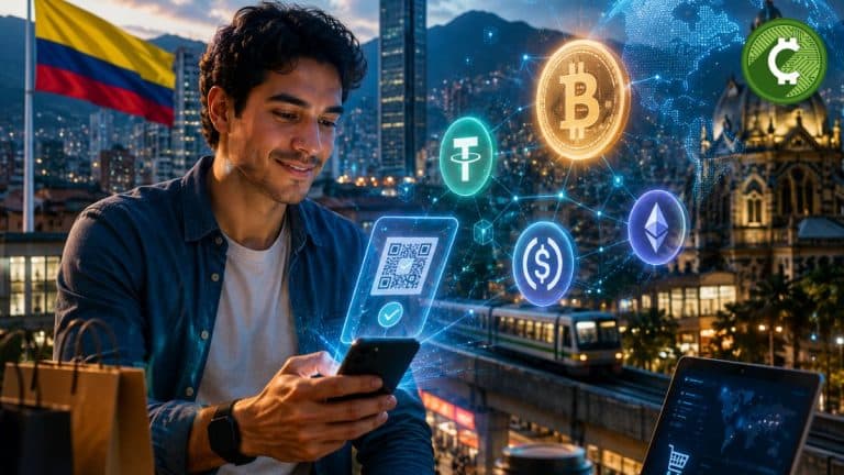 Colombiano usando criptomonedas y stablecoins para pagos digitales desde un smartphone en una ciudad de Colombia