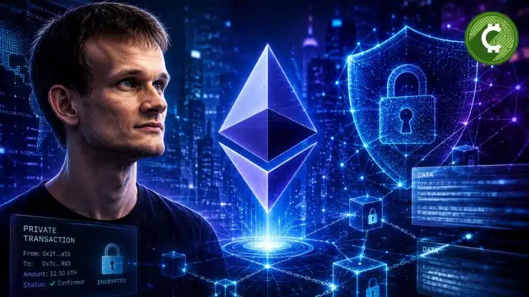 Vitalik Buterin junto al logo de Ethereum en una ilustración sobre privacidad blockchain y transacciones privadas en la red ETH