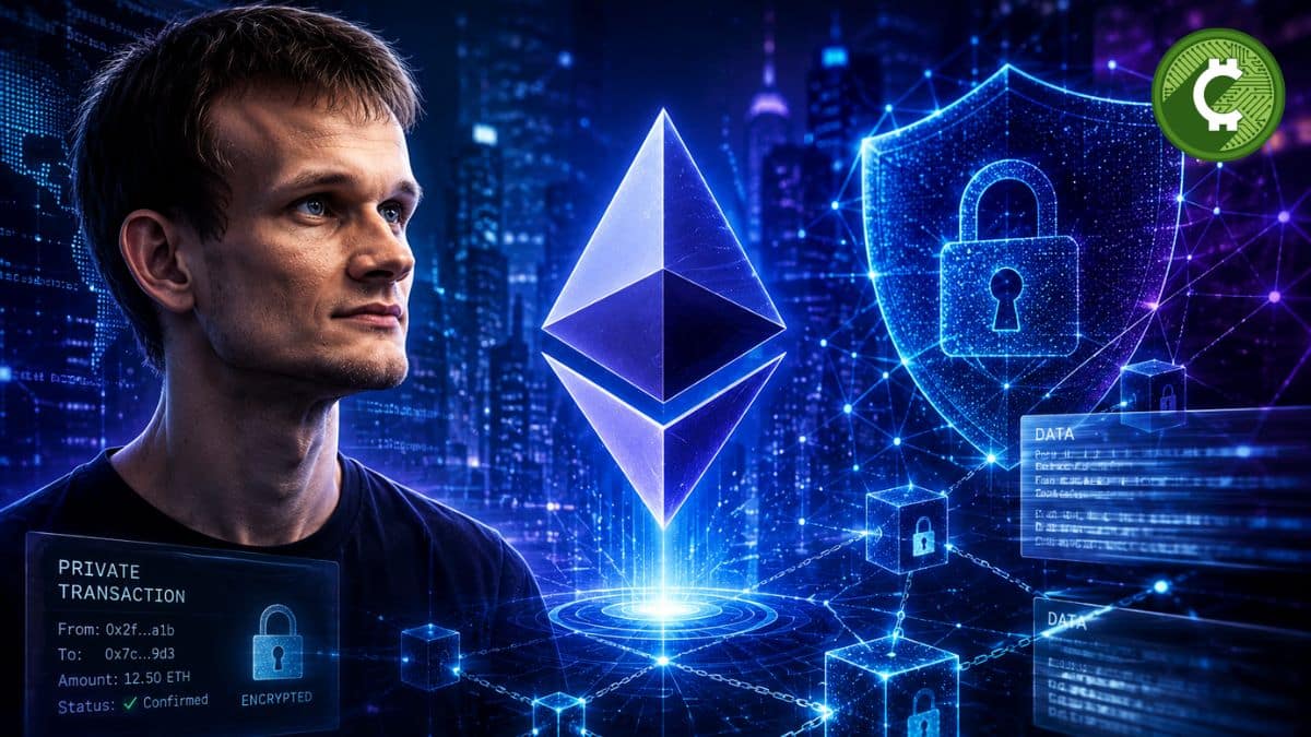Vitalik Buterin junto al logo de Ethereum en una ilustración sobre privacidad blockchain y transacciones privadas en la red ETH