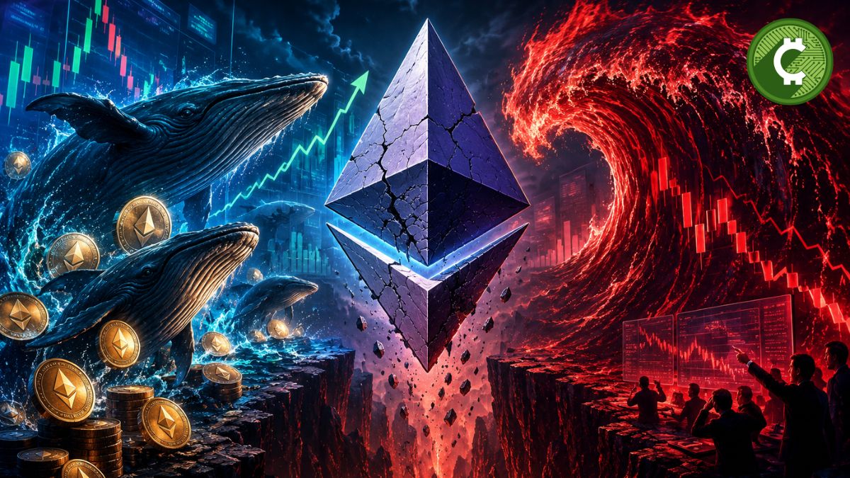 Ilustración de Ethereum bajo presión bajista mientras grandes ballenas acumulan ETH y crece el riesgo de una caída hasta los 1.070 dólares.