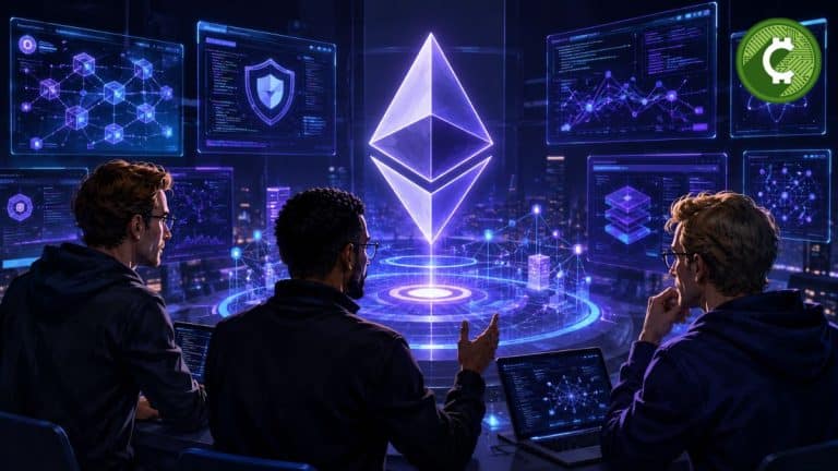 Nuevos líderes técnicos de la Fundación Ethereum supervisando el desarrollo y escalabilidad de la red Ethereum en un centro tecnológico futurista.