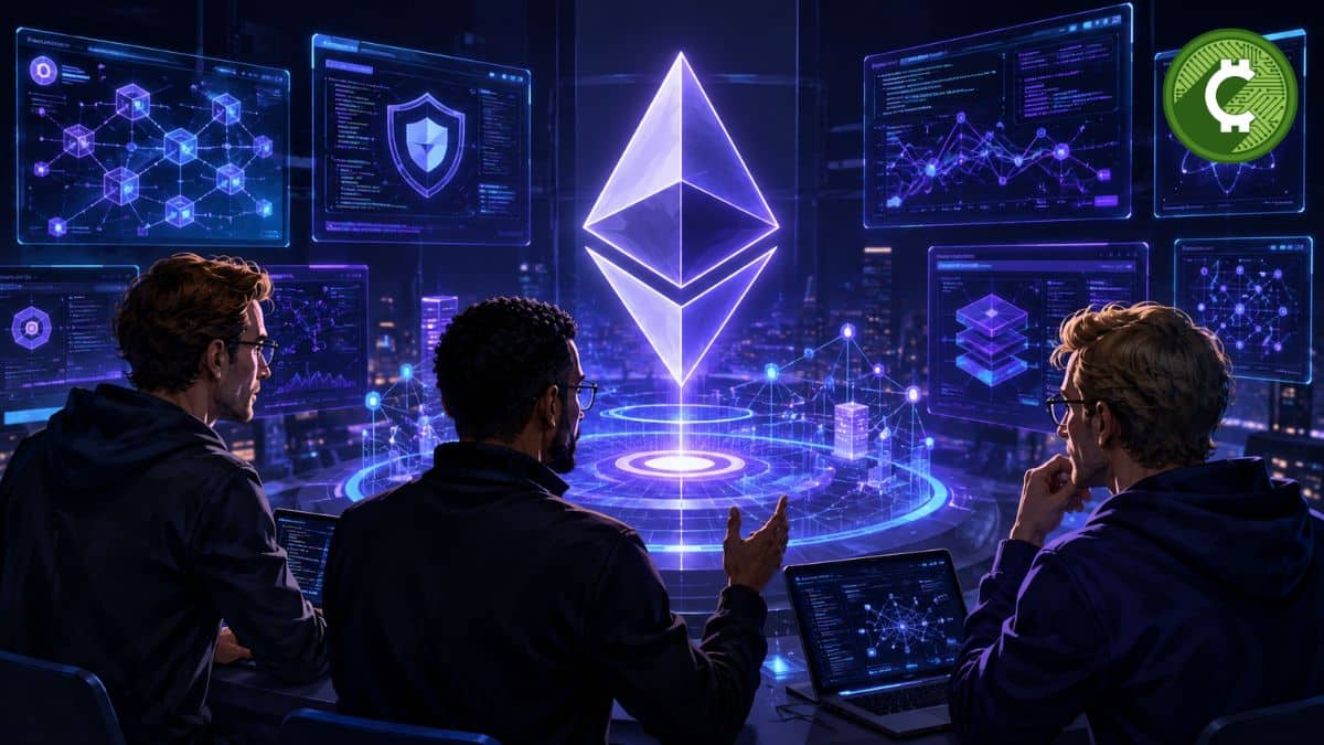 Nuevos líderes técnicos de la Fundación Ethereum supervisando el desarrollo y escalabilidad de la red Ethereum en un centro tecnológico futurista.