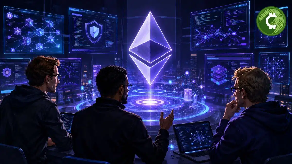 Nuevos líderes técnicos de la Fundación Ethereum supervisando el desarrollo y escalabilidad de la red Ethereum en un centro tecnológico futurista.
