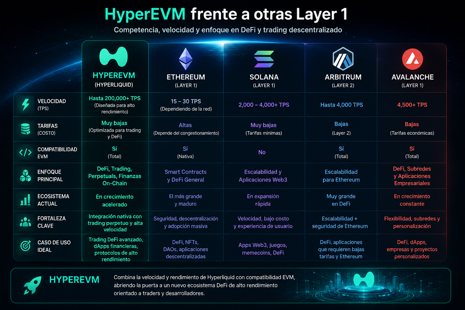 Comparativa entre HyperEVM, Ethereum, Solana y Arbitrum enfocada en velocidad, compatibilidad EVM y DeFi
