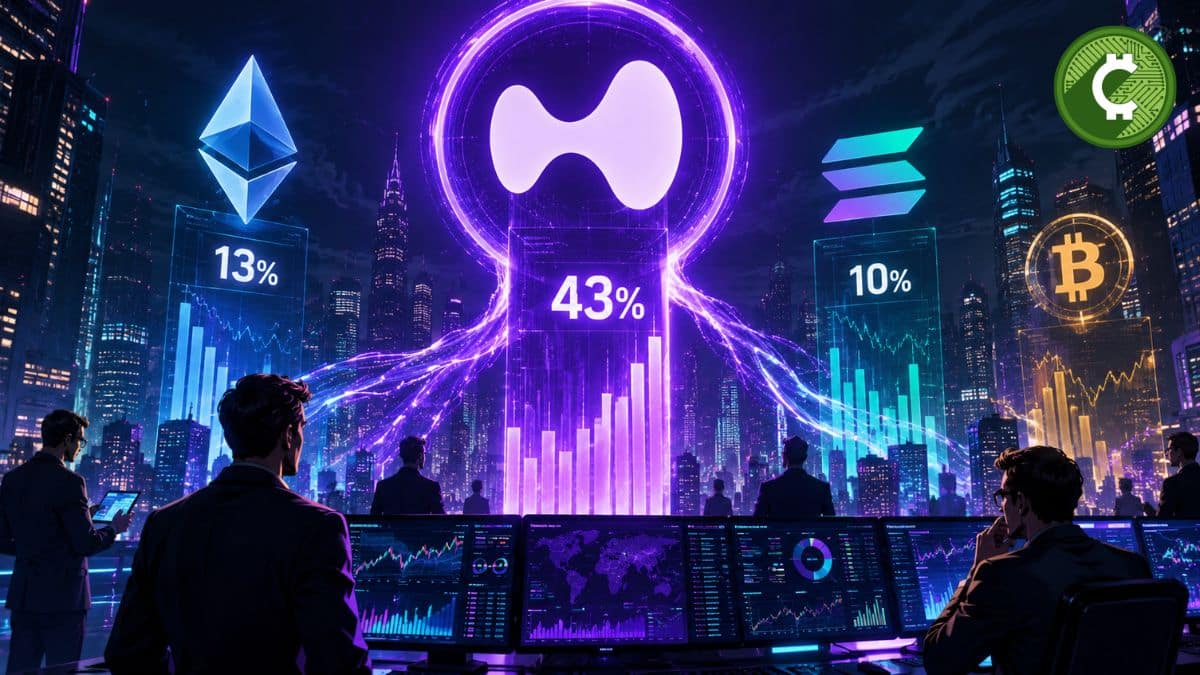 Ilustración futurista de Hyperliquid dominando el mercado de comisiones blockchain sobre Ethereum, Solana y Bitcoin