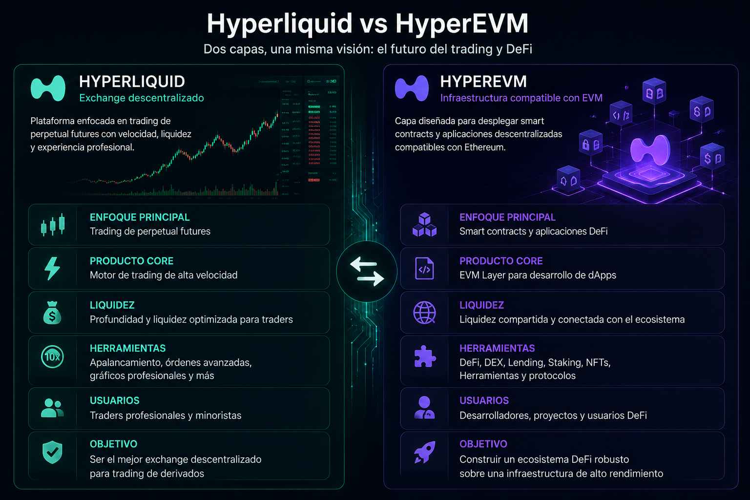 Comparativa visual entre Hyperliquid y HyperEVM mostrando diferencias entre trading perpetuo y ecosistema DeFi