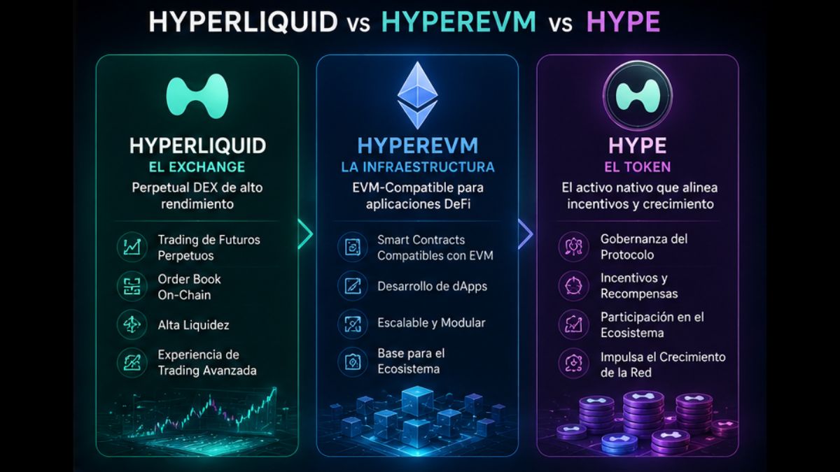 Comparativa visual entre Hyperliquid, HyperEVM y HYPE mostrando exchange, infraestructura blockchain y token del ecosistema