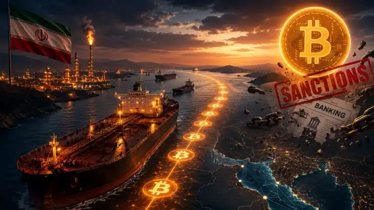 Petrolero cruzando el Estrecho de Ormuz con infraestructura de Bitcoin representando la plataforma iraní Hormuz Safe
