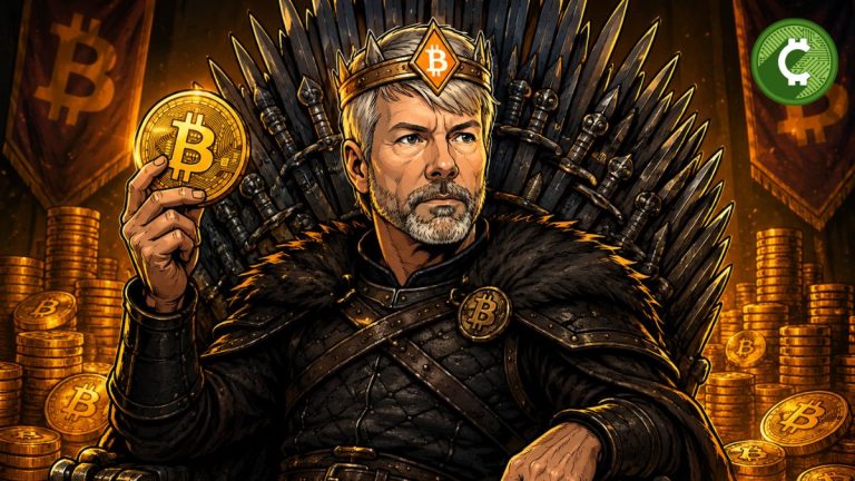 Michael Saylor sentado en un trono de Bitcoin al estilo Game of Thrones reafirmando la estrategia de acumulación de BTC de Strategy
