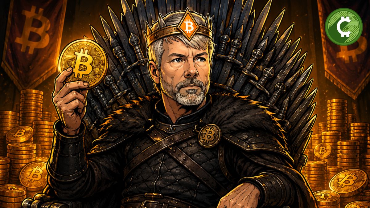 Michael Saylor sentado en un trono de Bitcoin al estilo Game of Thrones reafirmando la estrategia de acumulación de BTC de Strategy