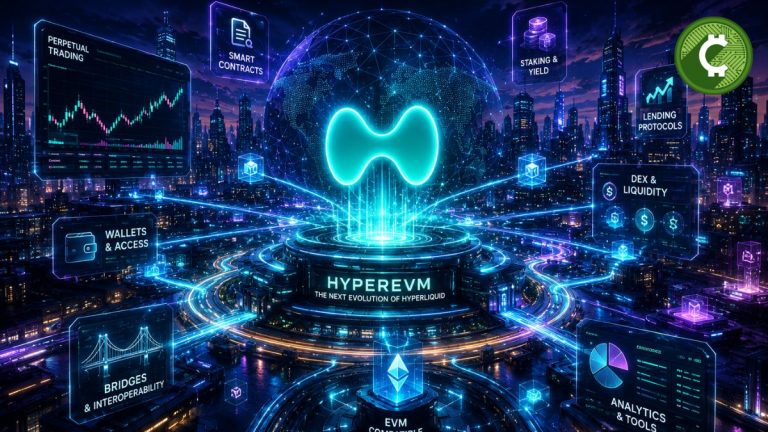 Ilustración futurista de HyperEVM mostrando un ecosistema DeFi conectado con smart contracts, trading y blockchain