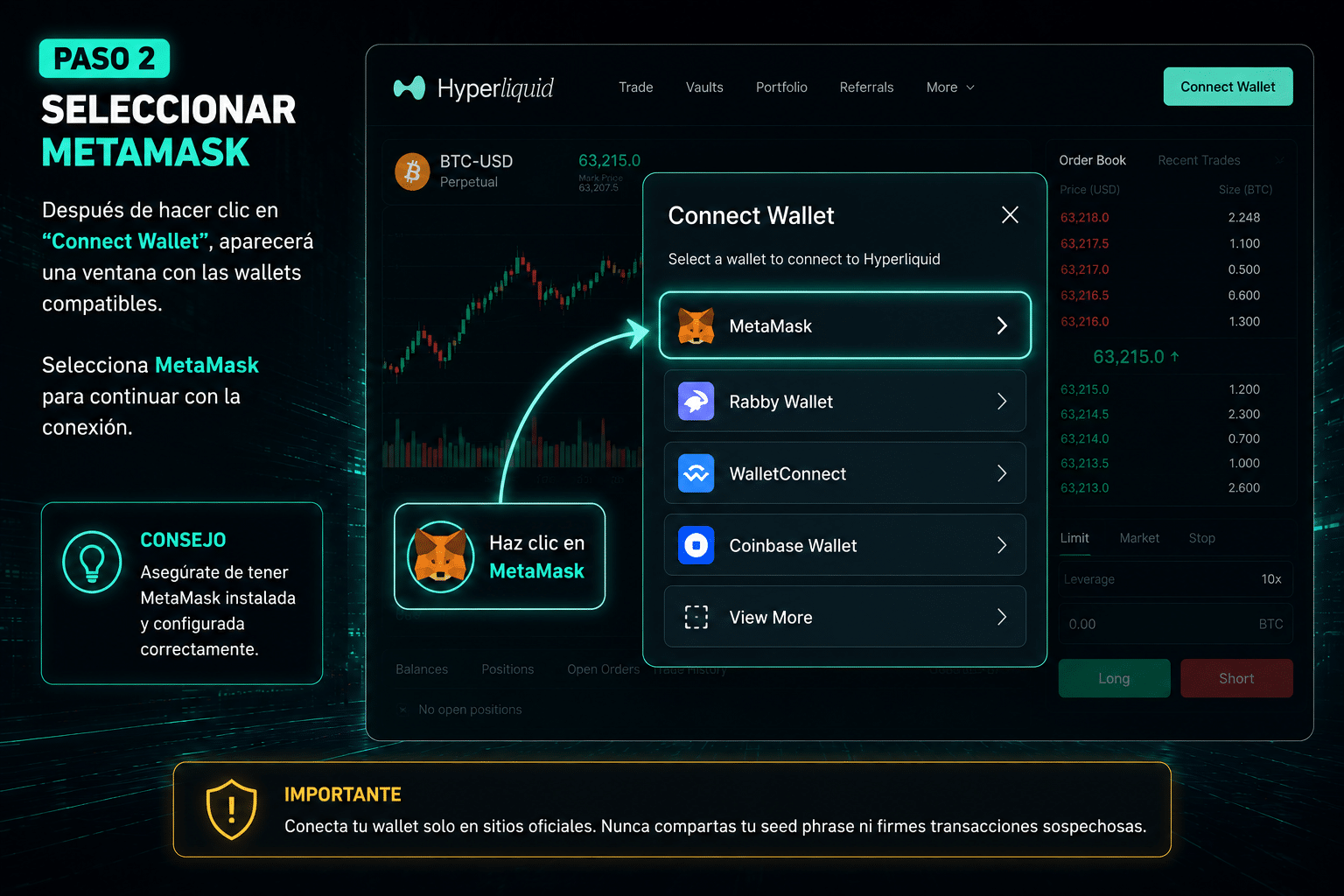 Usuario seleccionando MetaMask para conectarse a Hyperliquid desde el panel de wallets compatibles