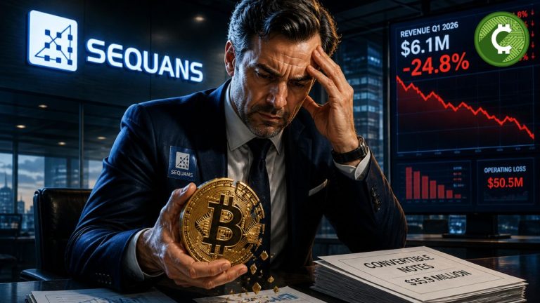 Ejecutivo en oficina con logo de Sequans sosteniendo bitcoin mientras caen ingresos y aumenta la presión financiera