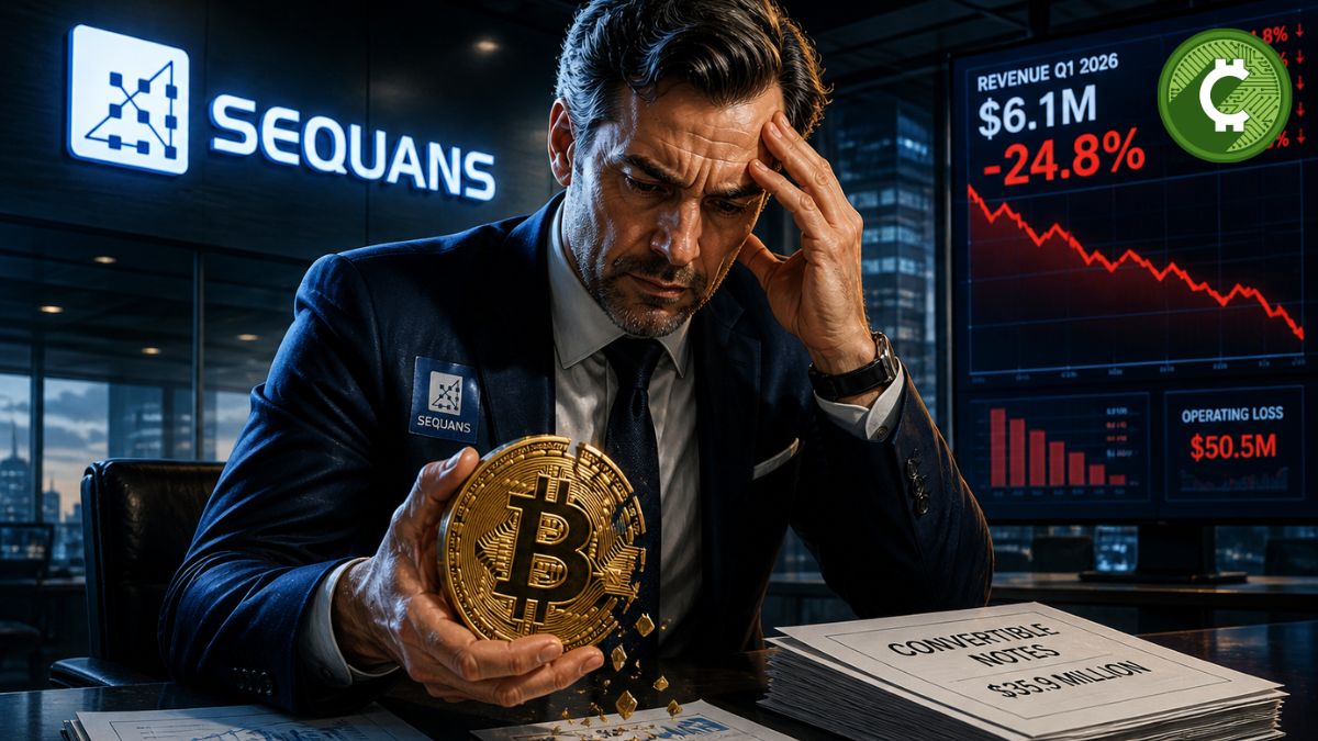 Ejecutivo en oficina con logo de Sequans sosteniendo bitcoin mientras caen ingresos y aumenta la presión financiera