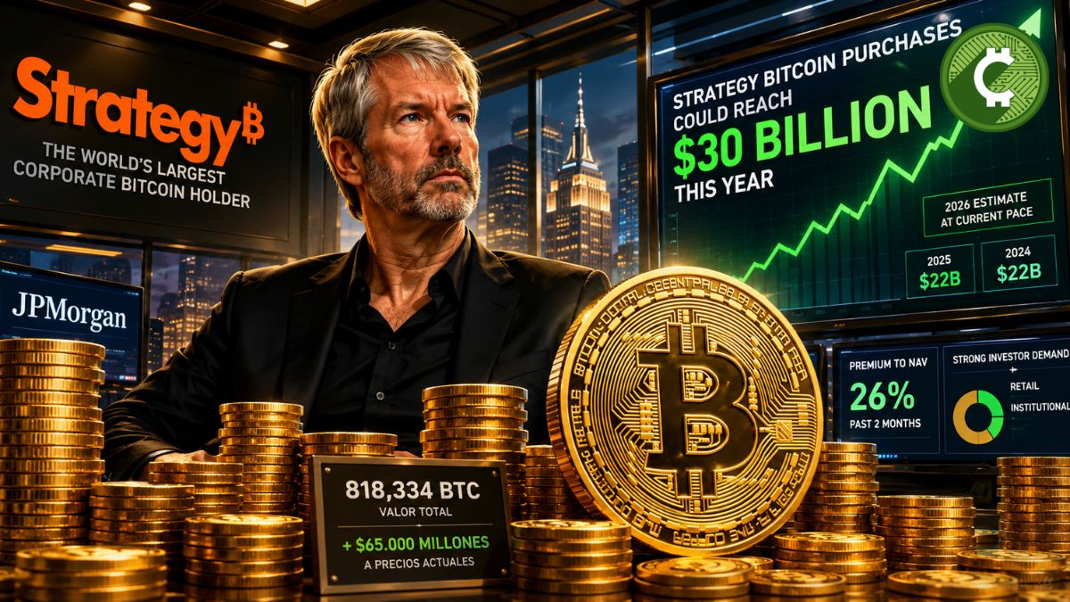 Michael Saylor frente a monedas de bitcoin y pantallas financieras tras proyección de JPMorgan sobre compras récord de Strategy