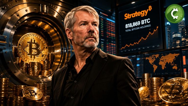 Michael Saylor junto a bitcoins y pantallas financieras tras la nueva compra de BTC de Strategy que elevó sus reservas a 818.869 bitcoins