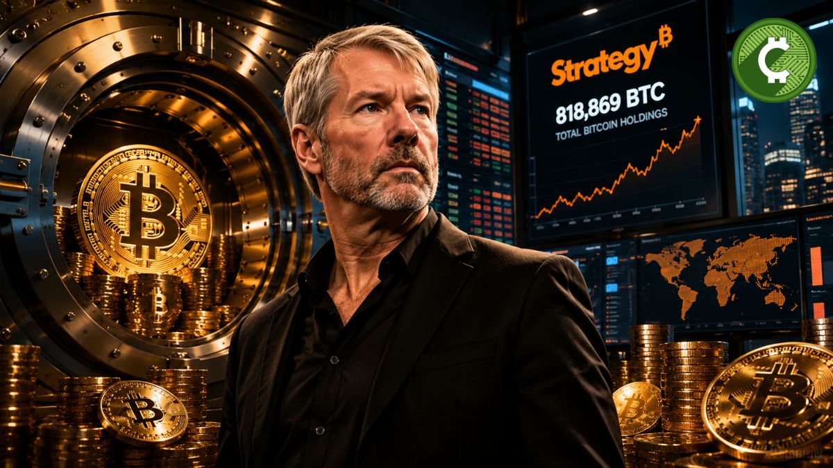 Michael Saylor junto a bitcoins y pantallas financieras tras la nueva compra de BTC de Strategy que elevó sus reservas a 818.869 bitcoins