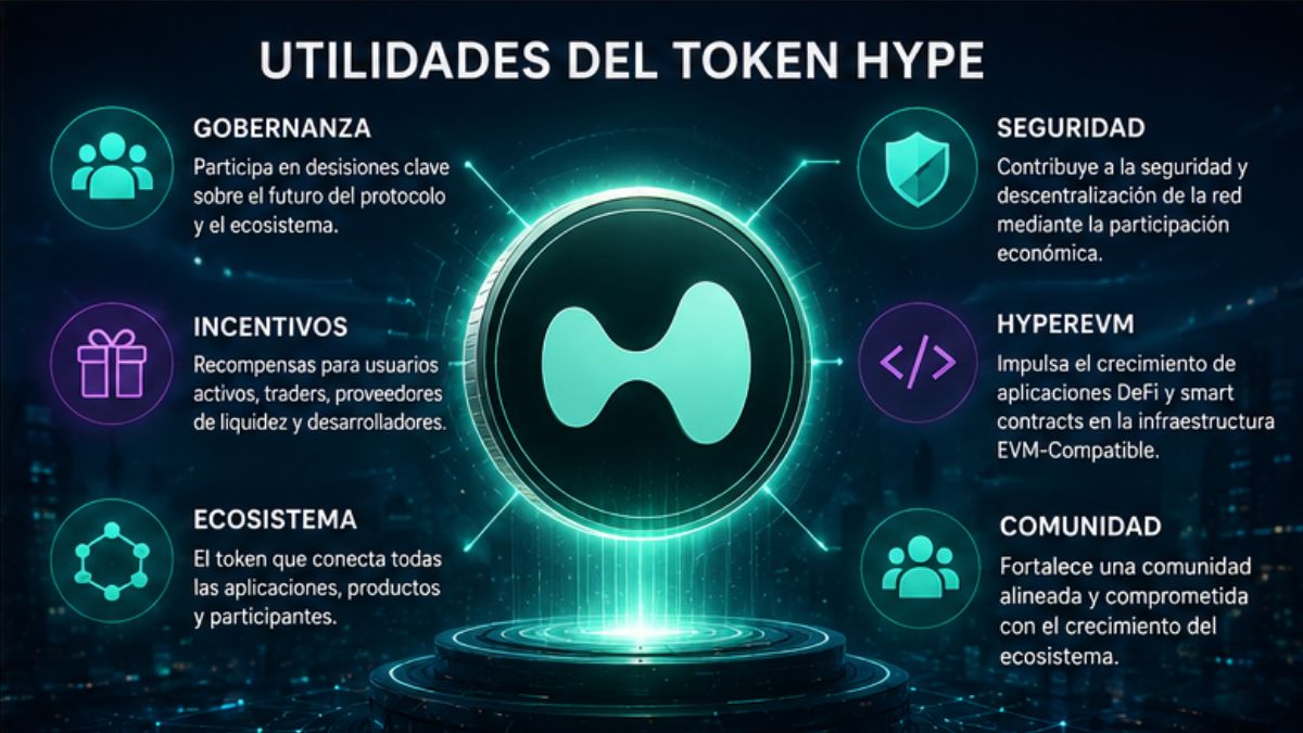 Diagrama visual mostrando las principales utilidades del token HYPE dentro del ecosistema Hyperliquid